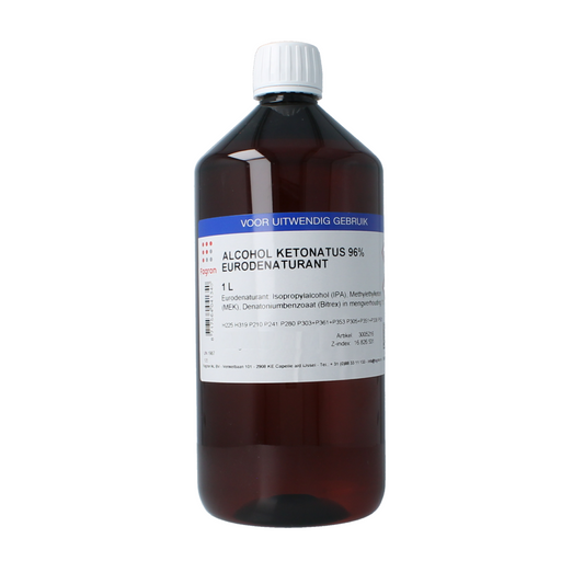 Fagron Alcohol Ketonatus 96% v/v disinfectant in a 1-liter bottle, clear liquid for sanitation and cleaning purposes