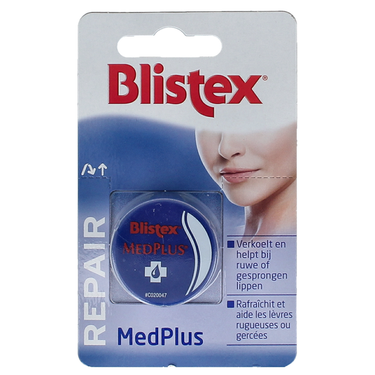 Blistex Lippenbalsem med plus in 7ml potje, moisturizing lip care product with a hang tab for easy use.