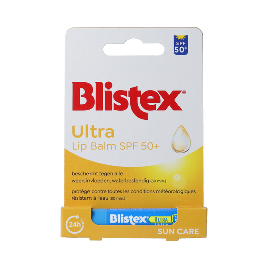 Blistex Ultra lip balm SPF50+ in 4.25g tube, hydrating lip care with sun protection for dry or chapped lips.
