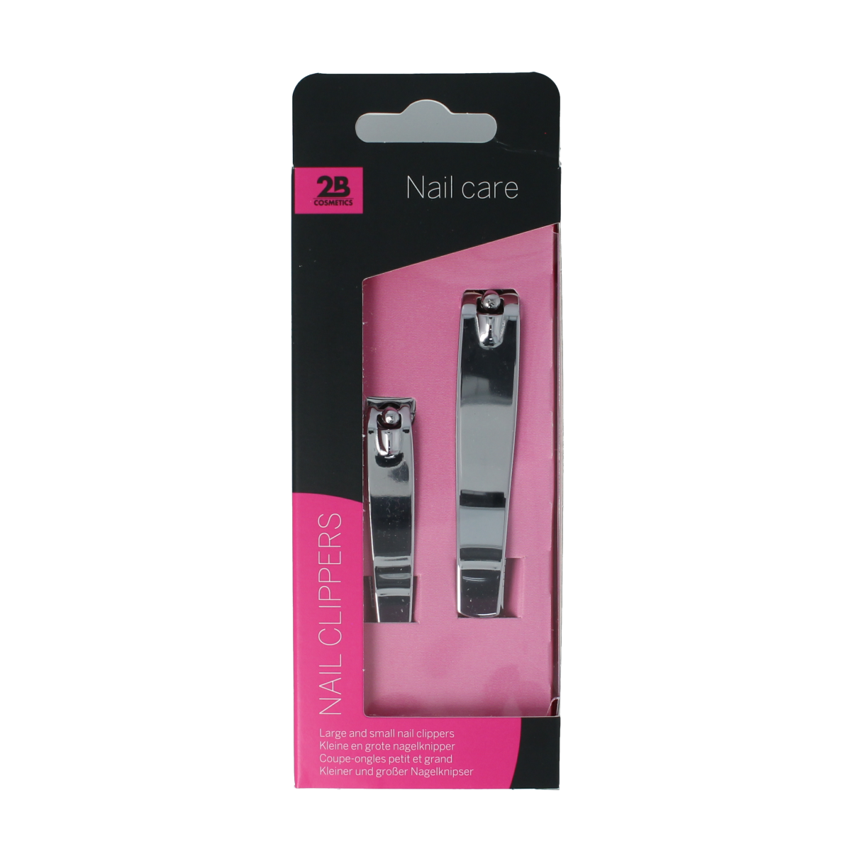 Set of two 2B nail clippers for manicure and pedicure, stainless steel tools for precise nail trimming.