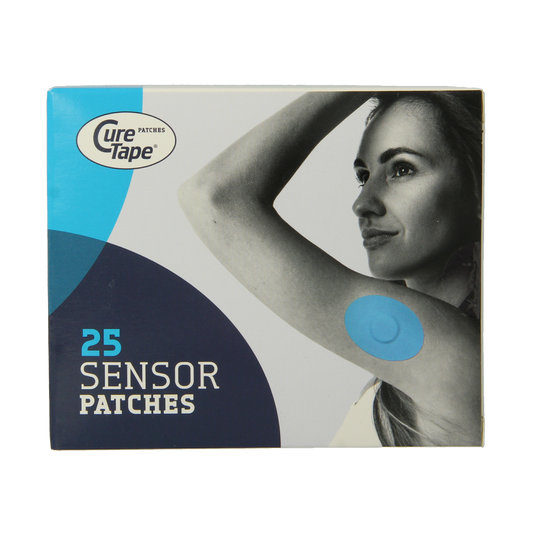 Blue Cure Tape Sensor patch for pain relief, showing 25 adhesive tape strips in a medical-style packaging.