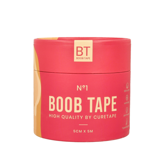 Cure Tape Boobtape no 1 with nipple covers, beige, 5cm x 5m, adhesive tape for skin, product image showing tape and covers