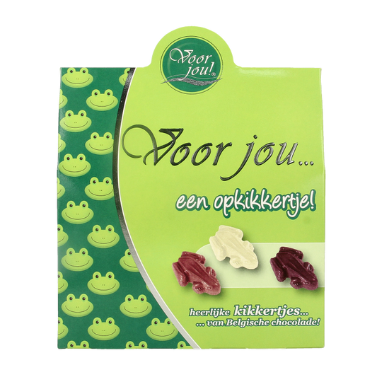Voor Jou! cadeau doos met 100 gram chocolade opkikkertje, featuring assorted chocolates in a decorative gift box.
