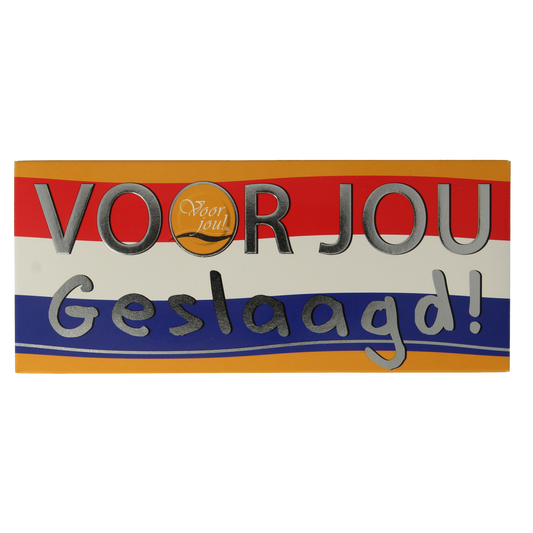 Voor Jou! Wensreep geslaagd chocolade, 70g, with colorful packaging and crisp texture in a close-up image.
