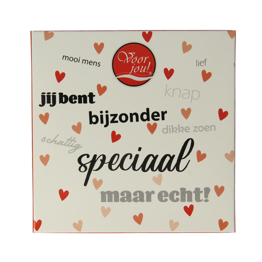 Voor Jou! chocolade tablet weighing 90g, with special and unique design, featuring rich chocolate texture and branding.