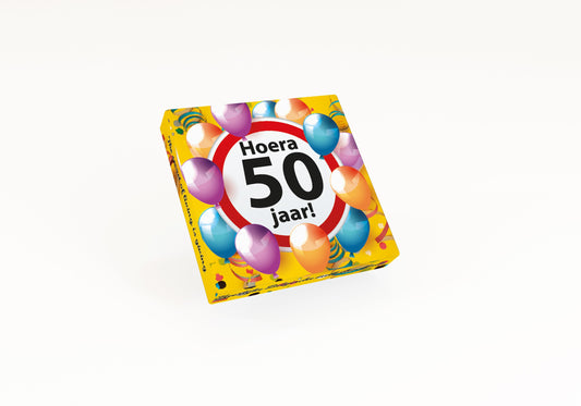 Voor Jou! 50th anniversary chocolate tablet, 75g, with festive packaging and rich chocolate appearance.