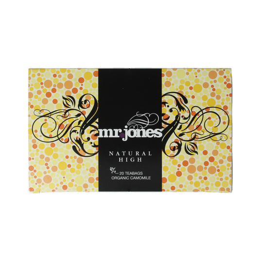Mr. Jones Natural High Kamille Bio tea bags, 20-count, with a box showing chamomile flowers and tea packaging.