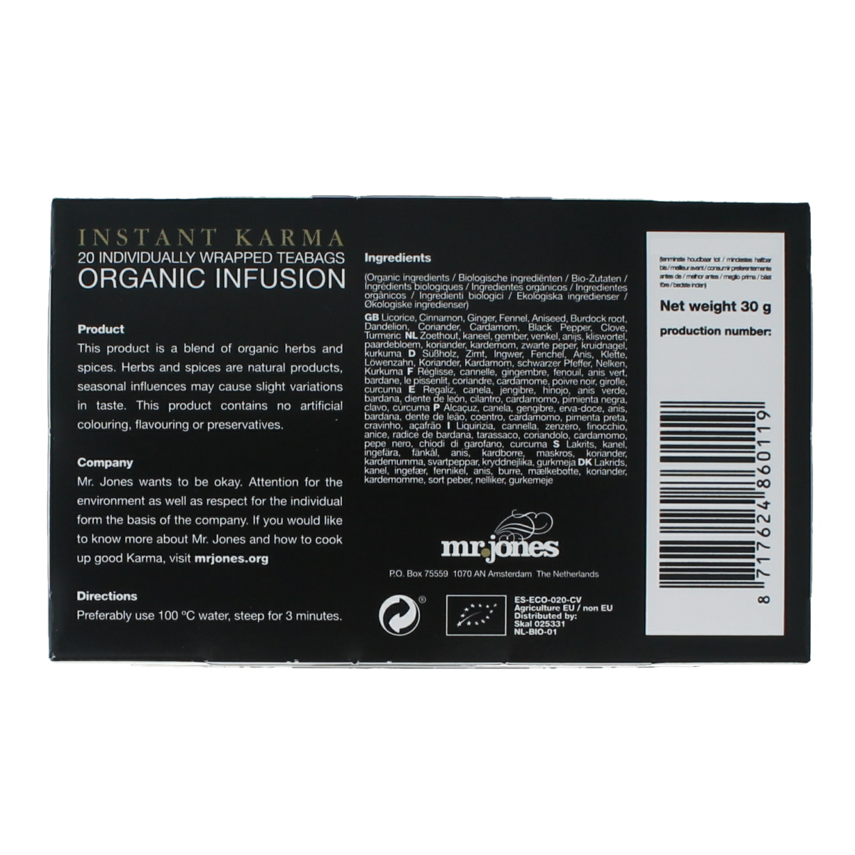 Organic Mr. Jones Instant Karma chai kruiden tea in a 20-pack, showcasing the tea bags and packaging.