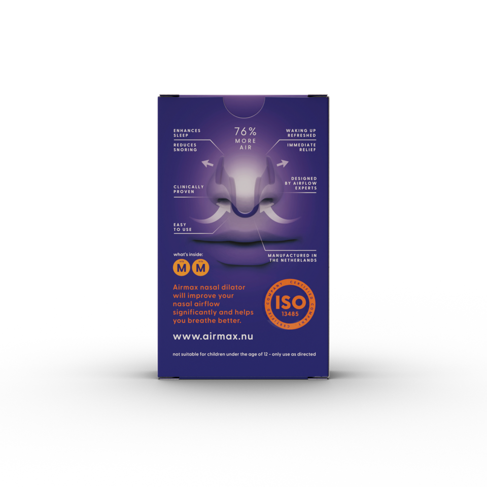 Airmax Snurkers medium 2.00 sleep room accessories, showing the packaging with product details and branding.