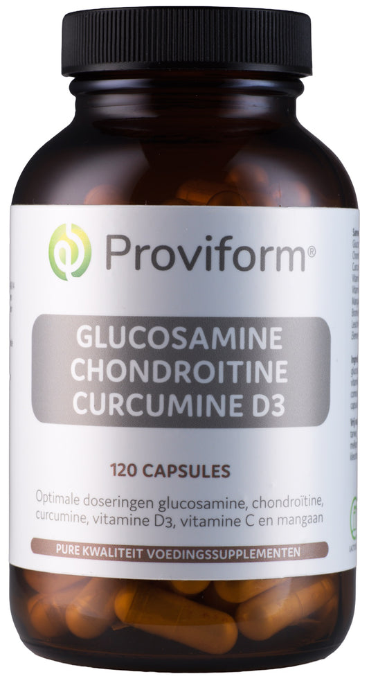 Proviform Glucosamine, chondroitin, turmeric, and vitamin D3 capsules for joint health in a bottle of 120 capsules.