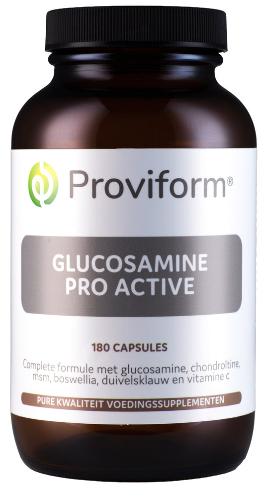 Proviform Glucosamine Pro Active mineral supplement in a bottle of 180 capsules, designed to support joint health and mobility.