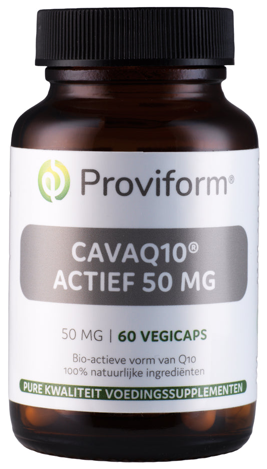 Proviform CavaQ10 actief 50mg vegetarian capsules, showing the bottle with capsules and label details.