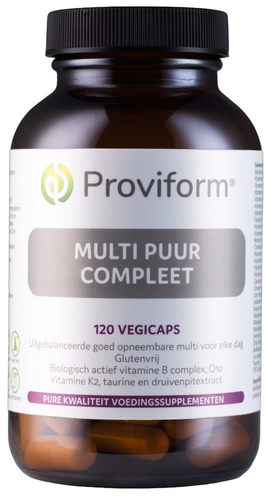 Proviform Multi Puur Compleet vegetarian capsules, vitamin multivitamin supplement in a clear bottle.
