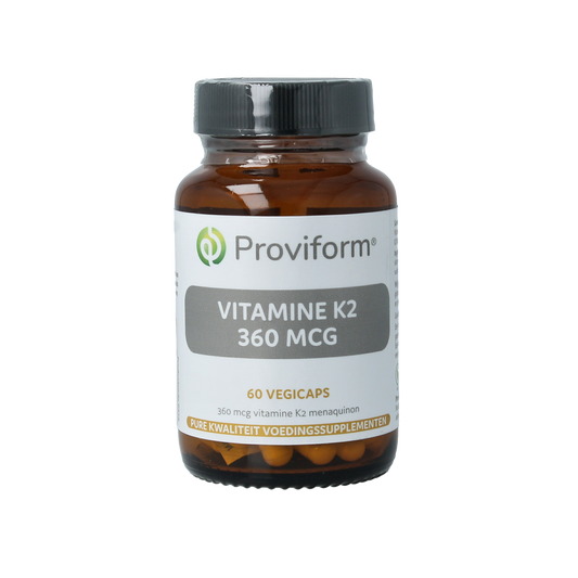 Proviform Vitamine K2 360mcg vegetarian capsules, close-up of the supplement bottle with capsules inside.