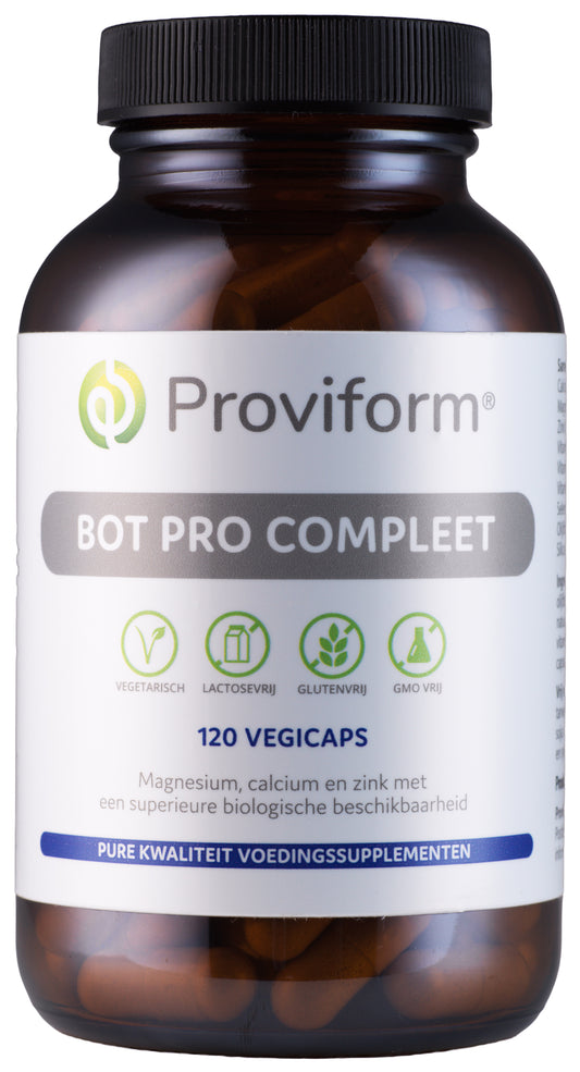 Proviform Bot Pro Compleet vegetarian multivitamin capsules in a white bottle with label displaying product details.