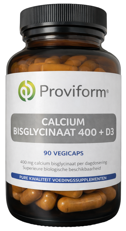 Proviform Calcium bisglycinaat 400 + D3 vegetarian capsules, mineral supplement with calcium and vitamin D3 in a clear bottle.
