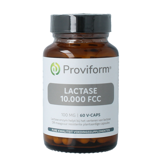 Proviform Lactase 10,000 FCC vegetarian capsules, dietary supplement for lactose digestion, with bottle and capsules visible.