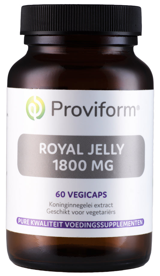 Proviform Royal Jelly Extra Sterk 1800 mg vegetarian capsules, herbal supplement in a plastic bottle with capsules inside.