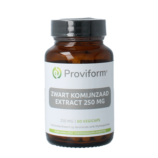 Proviform Zwart komijnzaad capsules, 250mg with 20% thymoquinone, 60 vegetarian capsules for herbal supplement use.