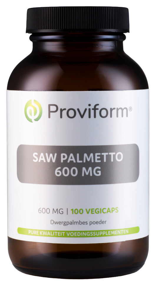 Proviform Saw Palmetto 600 mg vegetarian capsules, herbal supplement for prostate health, in a bottle with label showing capsules.