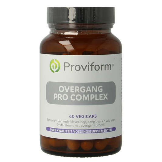 Proviform Overgang Pro Complex vegetarian capsules, dietary supplement in a transparent bottle with green label and capsules inside.