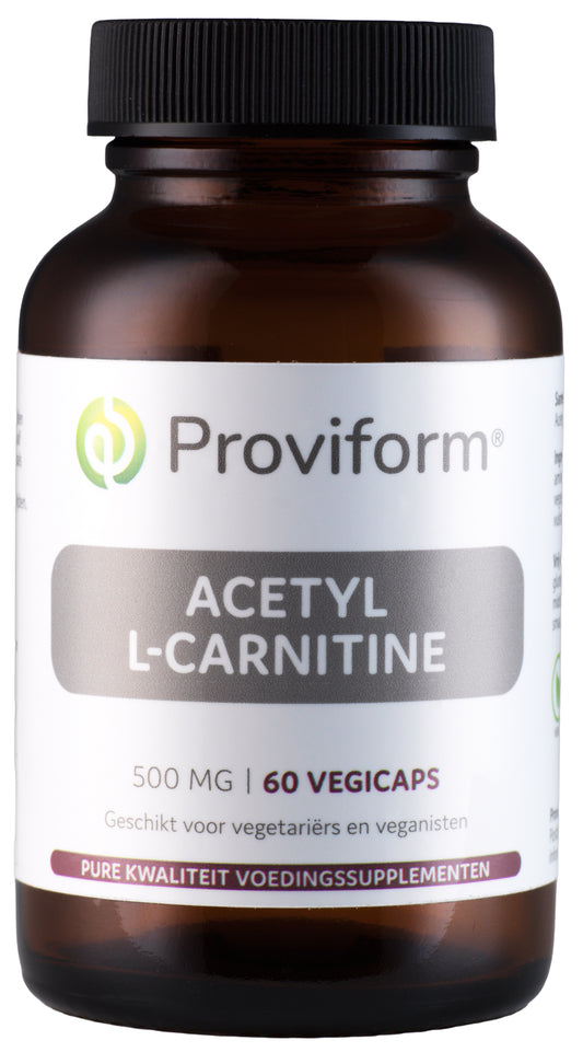 Proviform Acetyl-L-Carnitine 500mg vegetarian capsules, dietary supplement in clear bottle with label showing product details.