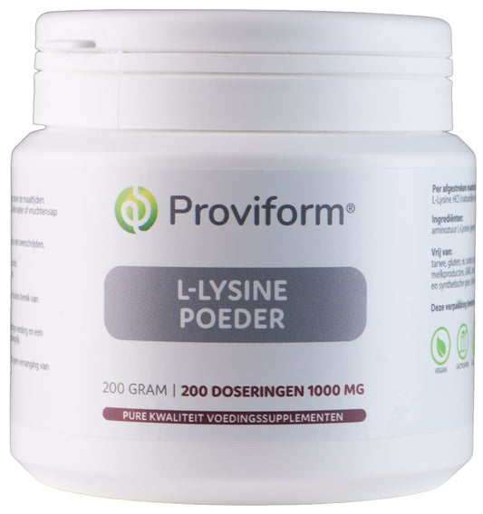 Proviform L-Lysine powder in a 200g container, an amino acid supplement, with the label visible on the packaging.