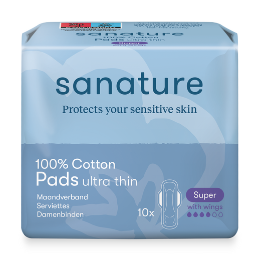Sanature super 100% cotton feminine pads and tampons, pack of 10, showing the product packaging and sanitary product details.