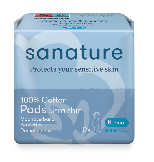 Sanature ultra normal 100% cotton menstrual pads for women, 10-pack, visible in the image with packaging and product details.
