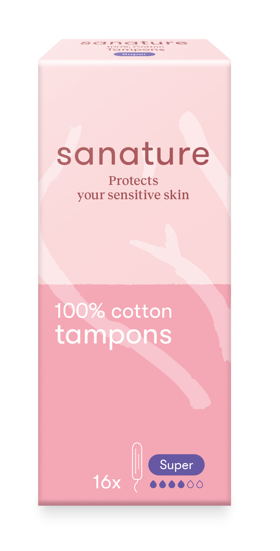 Sanature super tampons for women, 16-pack, with applicator and absorbent cotton, designed for feminine comfort and protection.