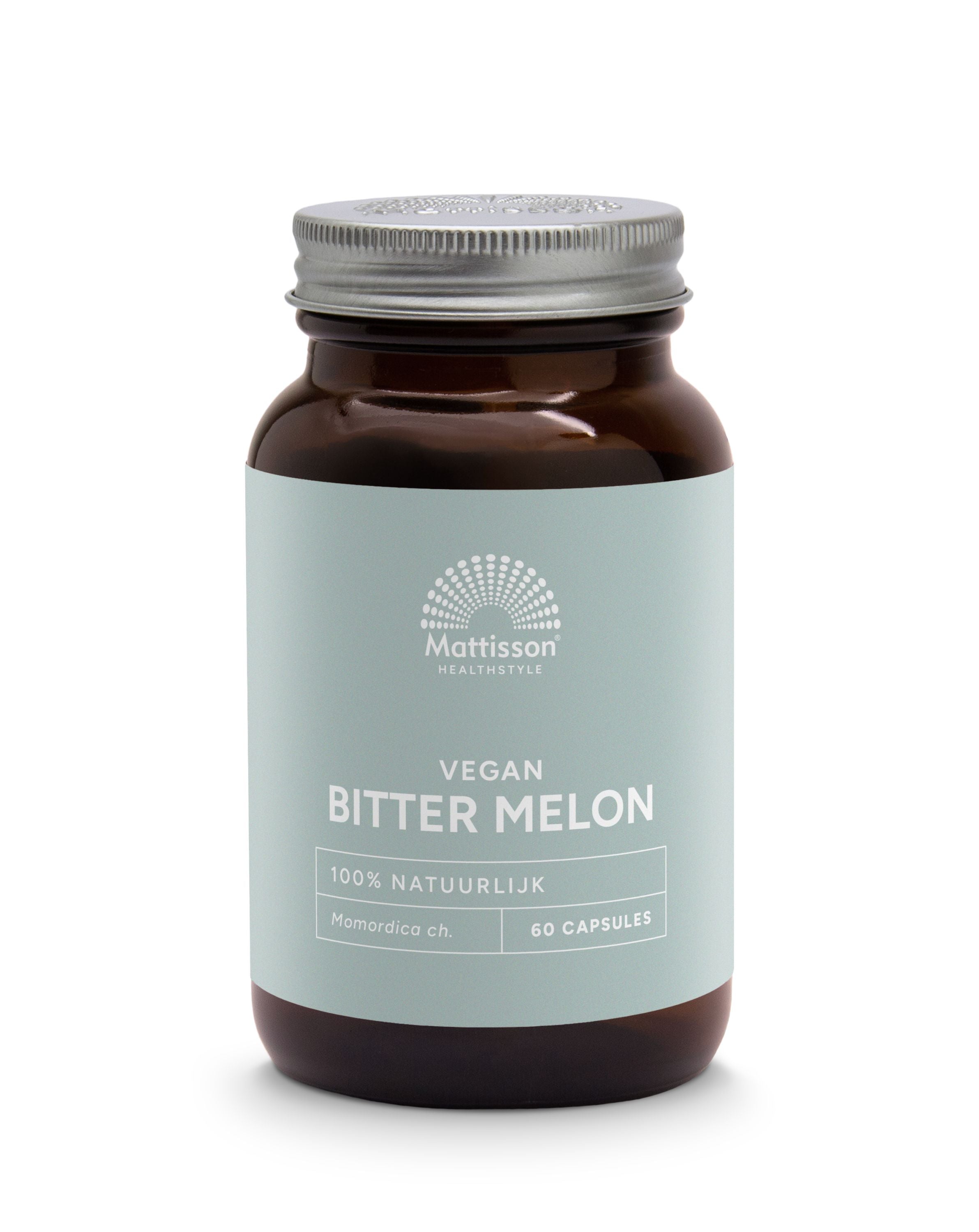 Mattisson Bitter Melon vegetarian capsules in a bottle, herbal supplement for health and wellness.