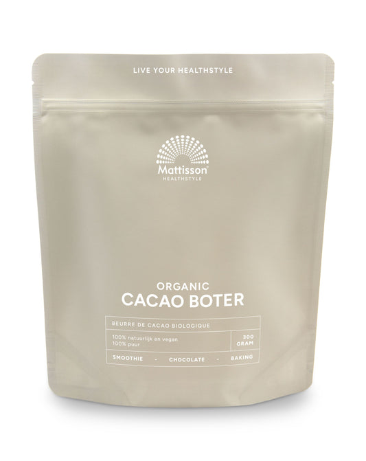 Organic Mattisson Cacao Butter 300g in a natural block with a smooth surface, ideal for baking and skincare.