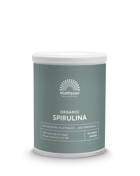 Organic Mattisson Spirulina powder in a 125g package, a natural herbal supplement rich in nutrients.