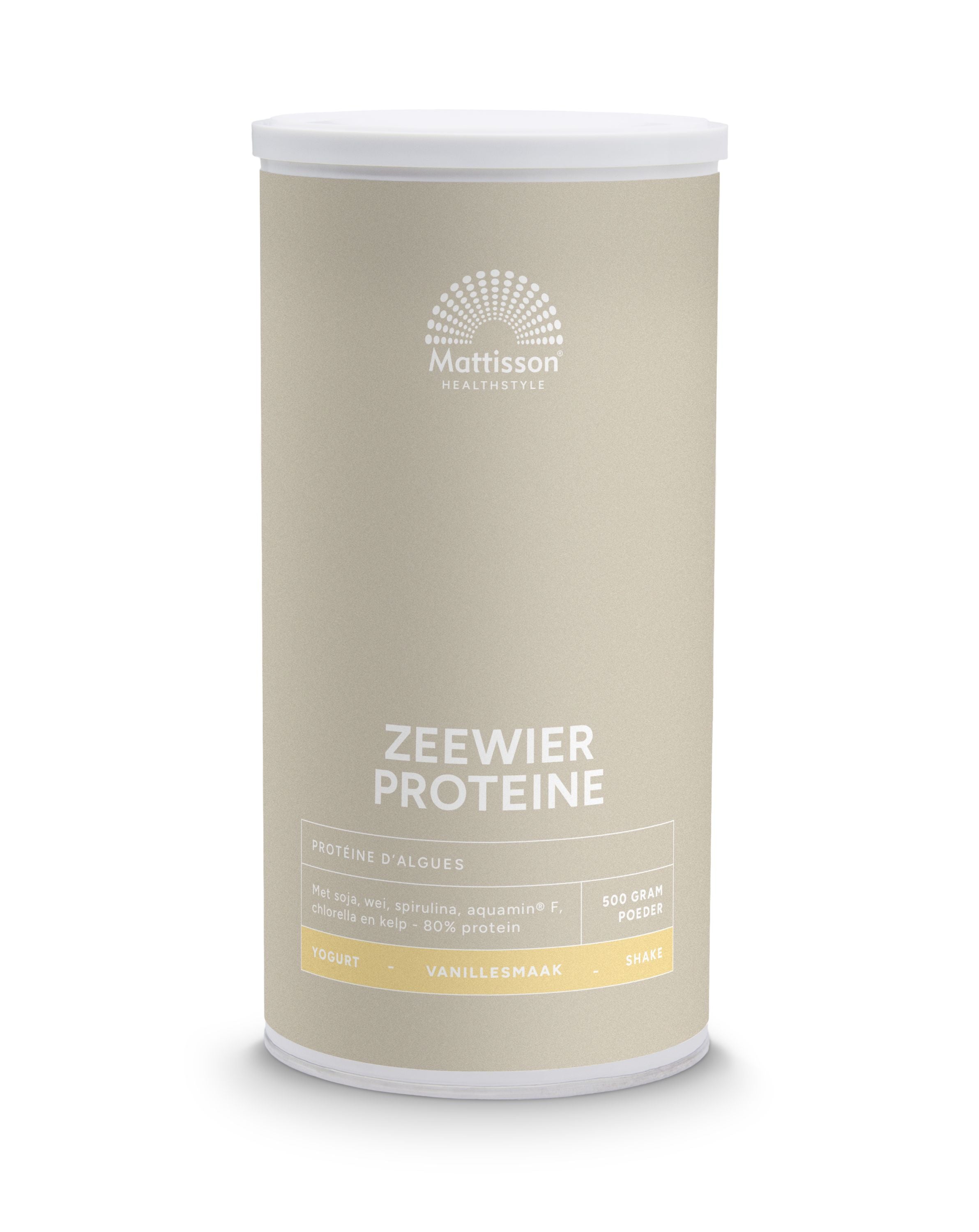 Mattisson Absolute Zeewier Eiwit Vanille amino acids supplement in 500g container, natural plant-based protein source.