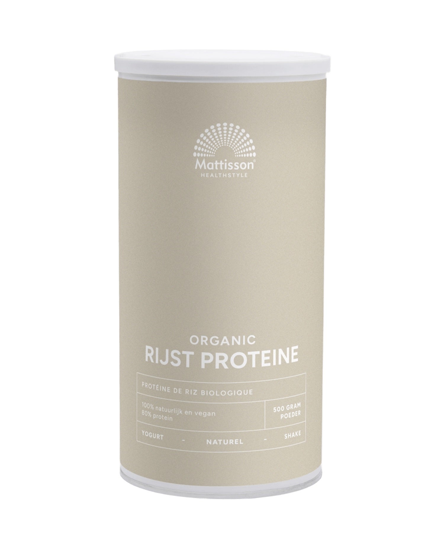 Mattisson vegan organic rice protein powder in 500g package, natural rice protein for plant-based nutrition.
