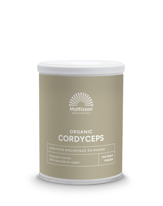 Organic Mattisson Cordyceps powder, 100g, in a natural, fine brown powder form for herbal supplement use.