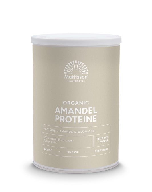 Mattisson vegan almond protein powder 50% in 350g bio packaging, sports nutrition supplement with almond and plant-based ingredients.