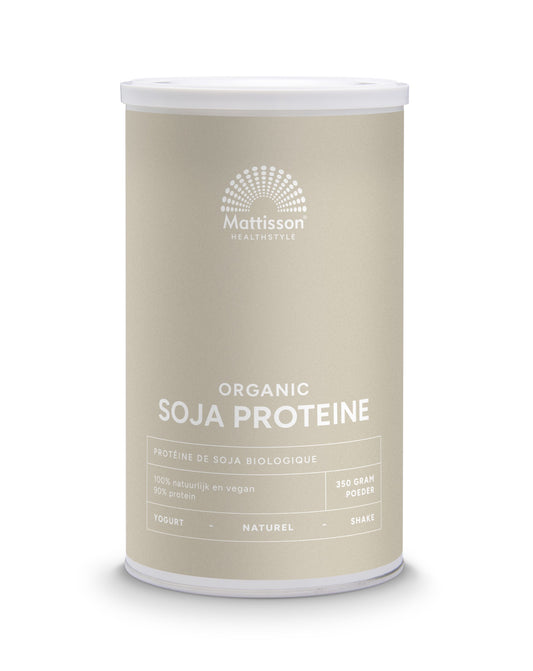Mattisson vegan soy protein 90% bio, 350g, in a resealable package, ideal for meal replacements and plant-based diets.
