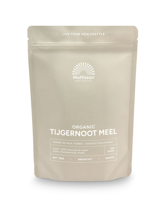 Organic Mattisson Tijgernoot chufa meel in a 350g package, displayed as a healthy snack or ingredient for baking.
