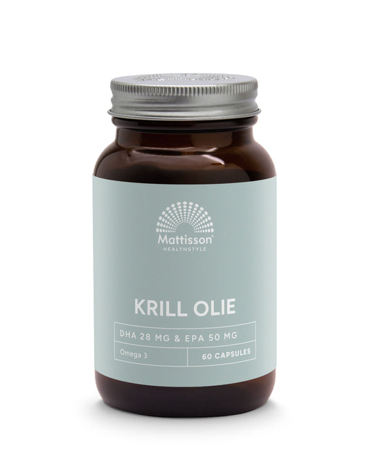 Mattisson Krill Oil Omega 3 capsules, 500mg, 60-count, showing the softgel capsules in a clear container.