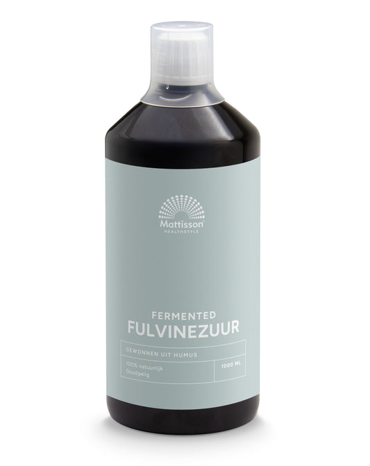 Mattisson fermented fulvic acid in a 1000ml bottle, a natural supplement rich in fulvine acids for health and wellness.