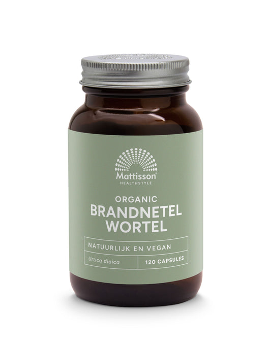 Organic Mattisson Brandnetelwortel vegetarian capsules, herbal supplement in a clear bottle with capsules visible inside.