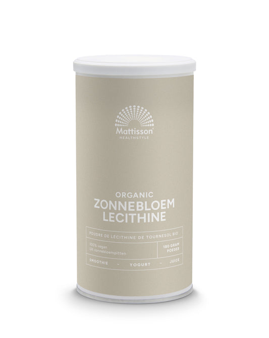 Mattisson Zonnebloem lecithine poeder bio in 180g package, natural herbal supplement with sunflower lecithin powder.