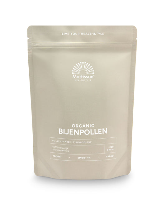 Raw organic bee pollen granules in a 300g package by Mattisson, a superfood rich in nutrients and natural health benefits.