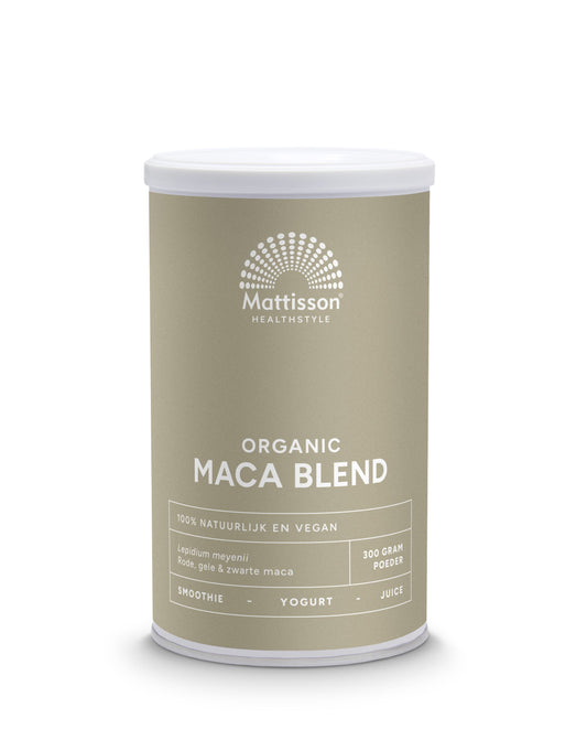 Mattisson Maca poeder blend in geel, rood en zwart bio, 300g, kruidenpreparaat with colorful maca root powder.