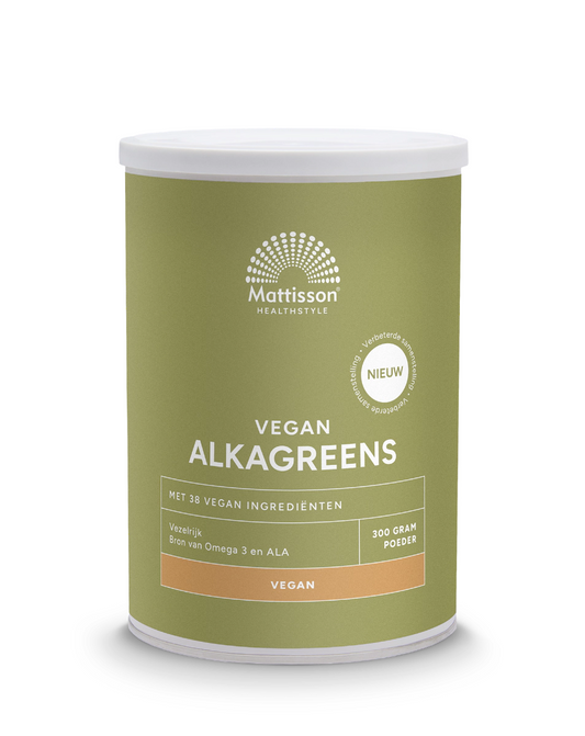 Mattisson Vegan AlkaGreens raw superfood powder in a 300g container, featuring vibrant green leaves and fresh organic ingredients.