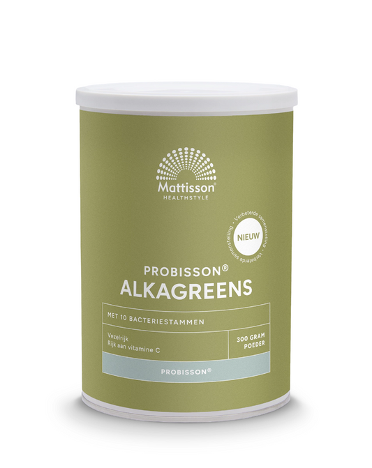 Mattisson Probisson Alkagreens powder in a 300g jar, a raw superfood supplement with vibrant green powder in a glass jar.