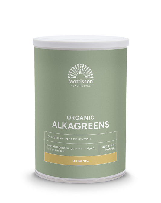 Organic Mattisson Alkagreens powder in a 300g package, raw superfood with vibrant green color and natural texture.