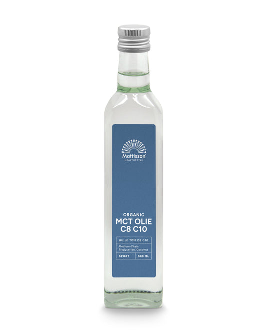 Organic Mattisson MCT oil C8 C10 blend in a 500ml bottle, showing the clear, golden liquid inside the eco-friendly packaging.