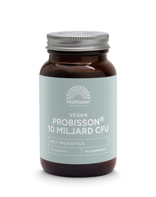 Mattisson Probisson 10 miljard CFU micro-organismen in vegetarian capsules with prebiotics, dietary supplement for gut health.